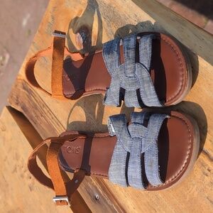 TOMS | Zoe Chambray Denim Straps Brown Suede Leather Sandals Size 8